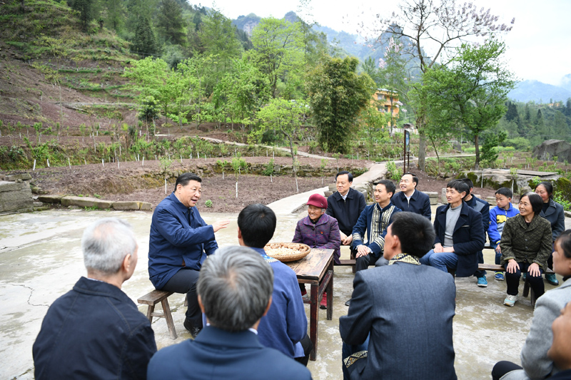 2019年4月15日至17日，中共中央總書記、國家主席、中央軍委主席習(xí)近平在重慶考察，并主持召開解決“兩不愁三保障”突出問題座談會(huì)。這是4月15日下午，習(xí)近平在石柱土家族自治縣中益鄉(xiāng)華溪村同村民代表、基層干部、扶貧干部、鄉(xiāng)村醫(yī)生等圍坐在一起，共話脫貧攻堅(jiān)。新華社記者 謝環(huán)馳 攝