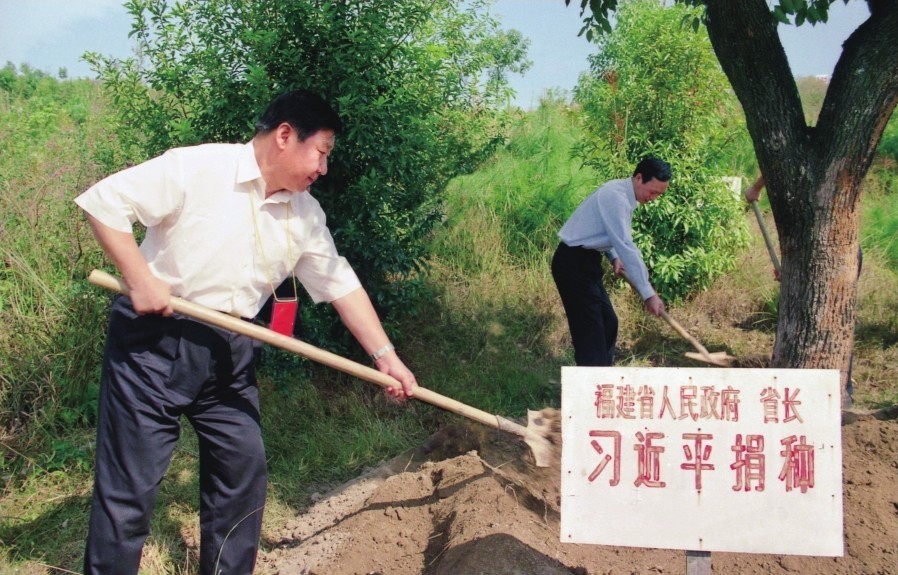 2001年10月，習近平在龍巖市長汀縣調(diào)研水土流失治理工作，在河田世紀生態(tài)園為樹培土。圖源：《習近平在福建（下）》