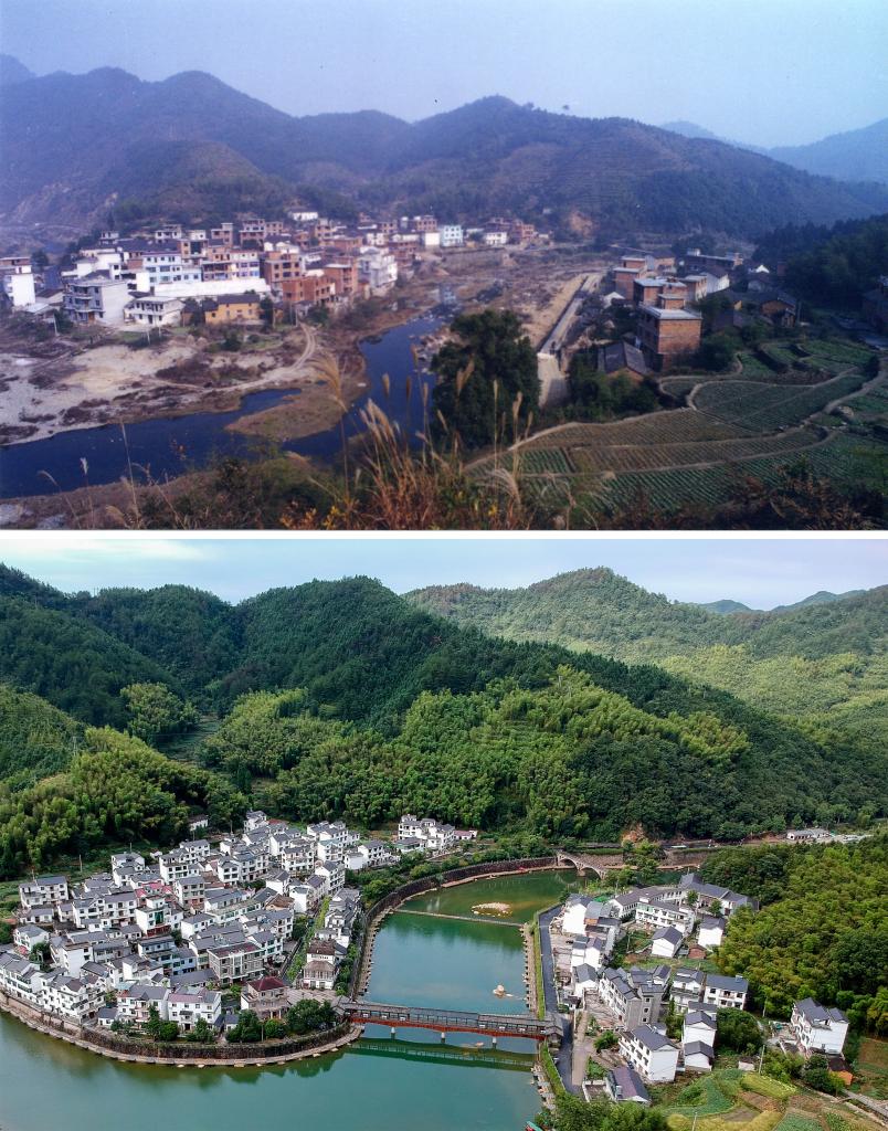 圖為浙江省杭州市淳安縣楓樹嶺鎮(zhèn)下姜村拼版圖，其中上圖為資料照片、下圖由新華社記者張鋮攝。